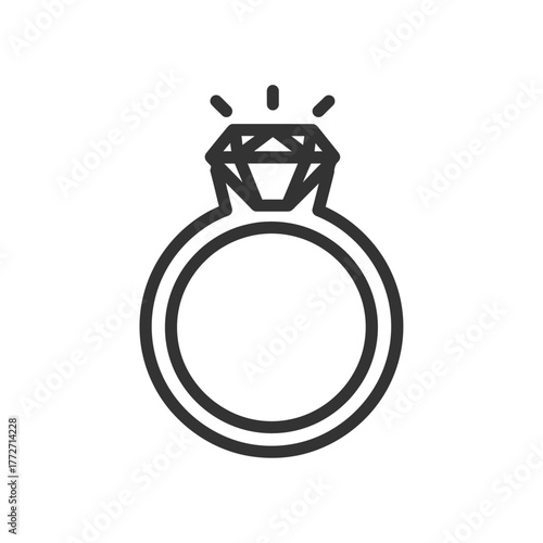 Minimalist black outline icon of a sparkling diamond engagement ring with a double-lined band and faceted gemstone.