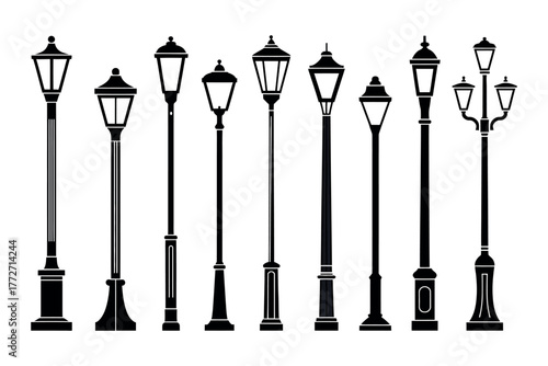 A collection of various antique street lamp silhouettes stands in a line.