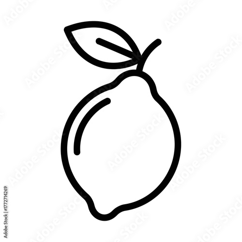 Minimalist black outline lemon icon with a single leaf and stem, simple fruit illustration.
