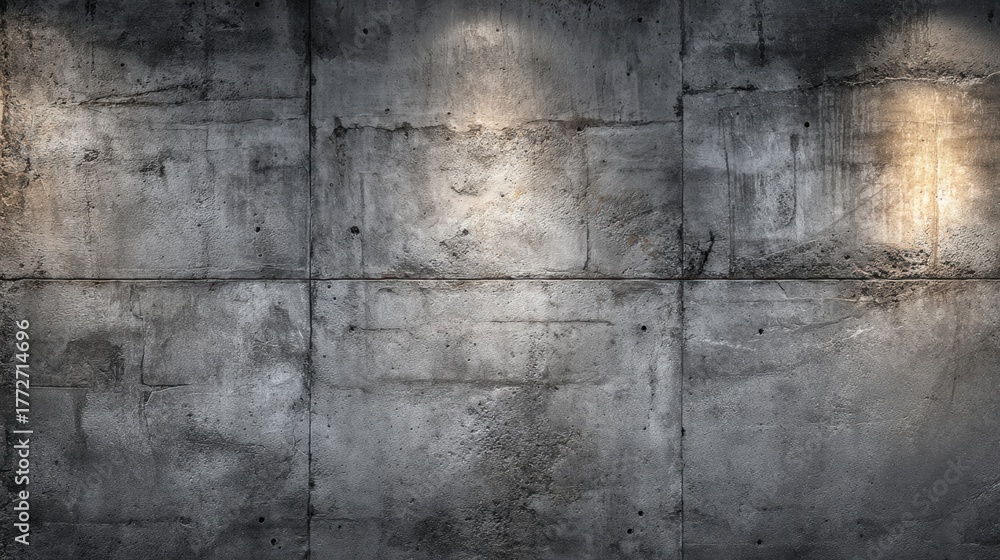 Obraz premium A textured concrete wall is illuminated by warm lights, highlighting its industrial design elements and creating a cozy atmosphere in the space.