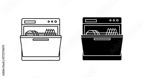 Open dishwasher icon in outline and silhouette styles