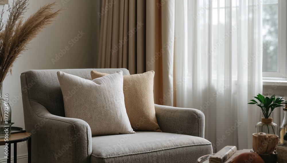 Fototapeta premium Grey armchair positioned beside soft curtains in a well-lit living space, promoting relaxation
