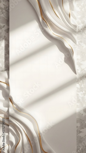 Soft white fabric drapes gracefully, revealing delicate gold accents. Sunlight filters through, casting gentle shadows and creating a tranquil atmosphere in an elegant indoor space