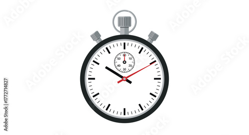 A classic black and white stopwatch with a red second hand and a small minute sub-dial for timing events.