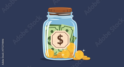 A glass jar filled with dollar bills and gold coins, symbolizing savings, investment, and financial growth on a dark background.