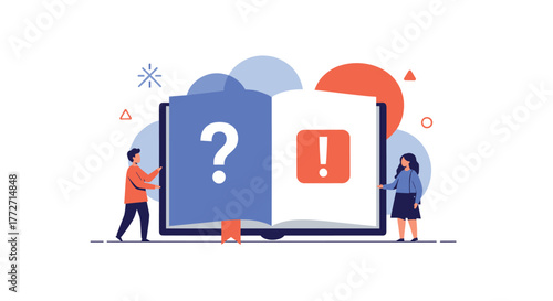 Two people interacting with a large open book, one page showing a question mark and the other an exclamation mark, symbolizing inquiry and discovery.