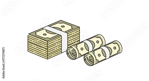 Illustration of a neat stack of paper money bundles with two rolls of cash, representing financial concepts and savings.