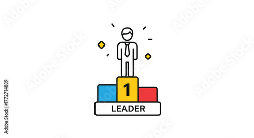 A successful businessman stands on the top of a podium marked with the number 1 and the word \.