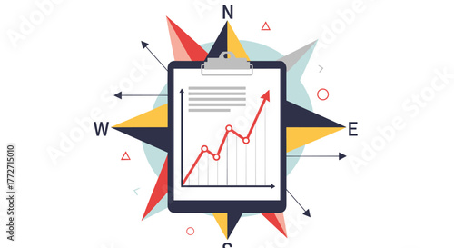 Business strategy and financial growth concept illustrated with a compass pointing directions and a rising line graph on a clipboard.