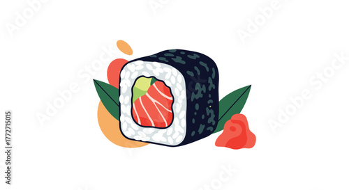 A fresh and vibrant flat-style illustration of a salmon and avocado sushi maki roll, garnished with green leaves and pickled ginger on a white background.