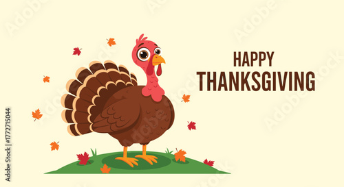 Happy Thanksgiving greeting with a cheerful cartoon turkey illustration and colorful fall leaves on a light background.