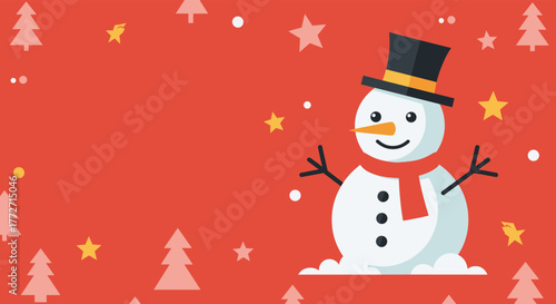 Cute cartoon snowman wearing a top hat and red scarf with festive Christmas trees and stars on a vibrant red background, perfect for holiday greetings.