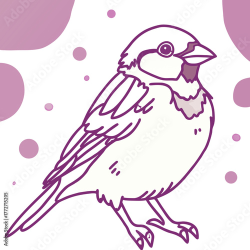 Illustration of a song sparrow in purple outline and dots