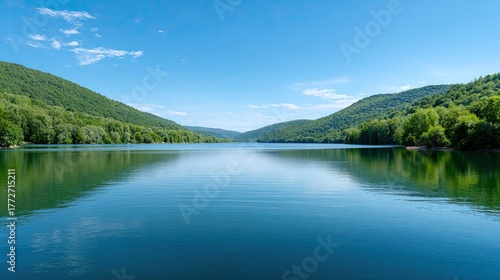 Serene Lake Surrounded by Lush Green Hills Under a Bright Blue Sky with Gentle Clouds Reflecting in Calm Water