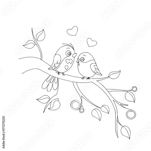 Two cute birds on a branch with hearts outlined illustration
