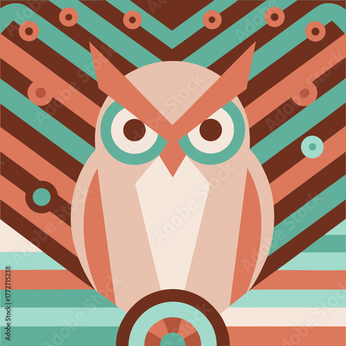 Geometric owl illustration with retro colors and patterned background art