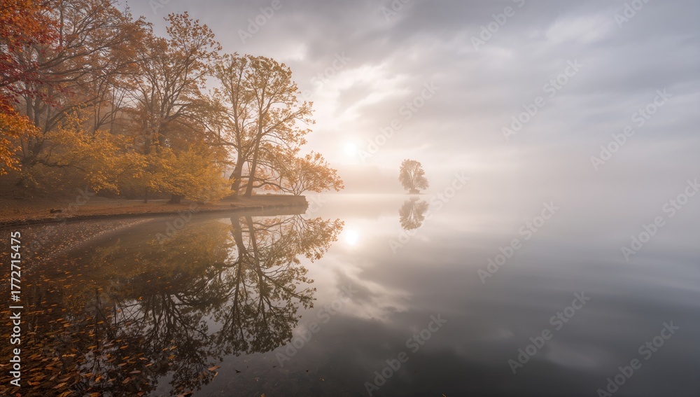 Fototapeta premium A foggy lakeside at dawn during fall