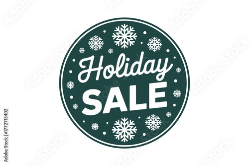 A round emblem announces a holiday sale with snowflakes and festive text.