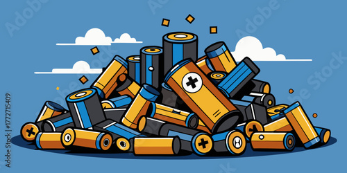 Pile of used batteries on blue background with scattered elements  