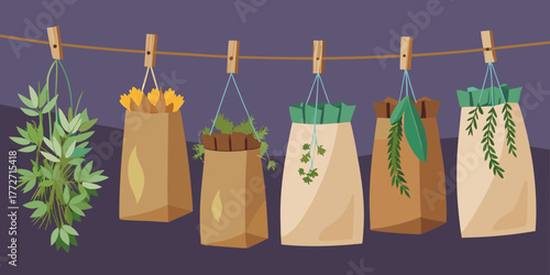 Dried herbs hanging in paper bags on a purple background  