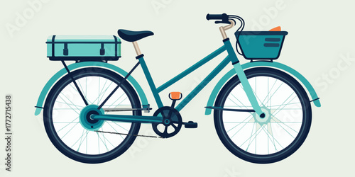 Vintage turquoise bicycle with basket and rear pannier storage  