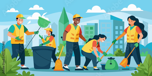 Eco volunteers cleaning sidewalk in urban environment with teamwork  