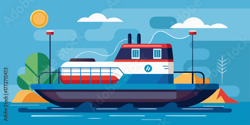 Electric boat on water surrounded by trees and sunny sky  