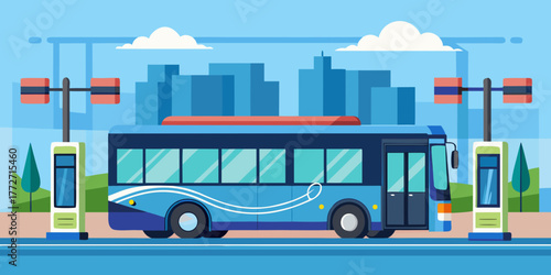 Electric bus at charging station with city skyline in background  