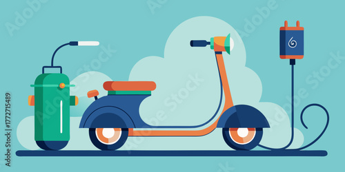 Electric scooter charging with a charger and battery on a blue background  