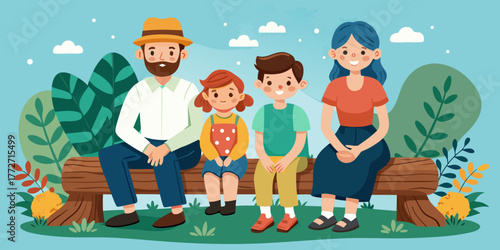 Family sitting together on a log bench in a colorful outdoor setting  