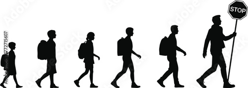 School Crossing Guard Students Silhouettes Walking Backpack Safety Stop Sign Education Children Vector.