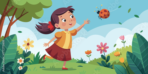 Young girl releasing a ladybug while standing in a flower garden  