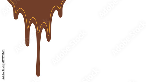 Melted chocolate or syrup drips isolated on a white background. Flowing liquid chocolate border element. A sweet brown syrup or sauce that melts and drips.
