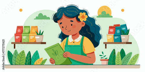 Young girl organizing seed packets at a gardening store indoors  