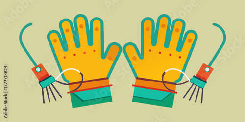 Gardening gloves with litter grabber tools illustrated on background  