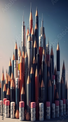 A vibrant tower of pencils and markers creates a striking cityscape under a twilight sky. Various shades and lengths showcase artistic creativity and imagination in this unique arrangement