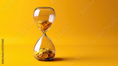 Hourglass filled with golden coins instead of sand, time and money metaphor, minimalist editorial