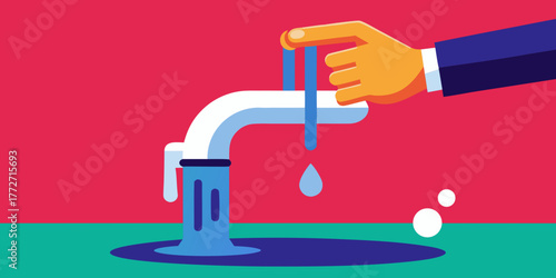 Hand turning off dripping faucet with water droplets on green surface  