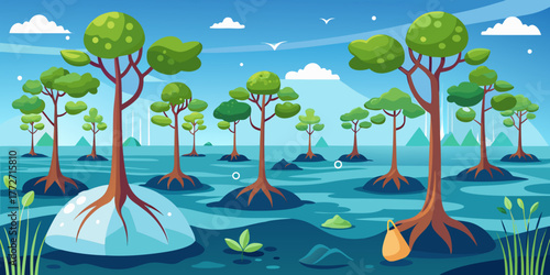Mangrove forest with trees and plants in a colorful landscape  