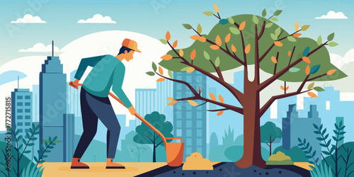Man pruning urban tree with cityscape in background  