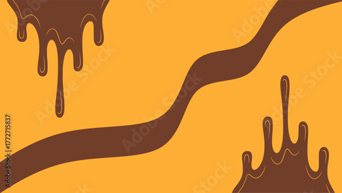Minimalist background with melted chocolate drops, splashes and waves. Minimalist melted chocolate drops and caramel sauce.