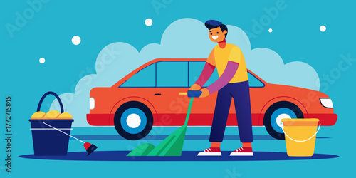 Man washing car with sponge and bucket in bright outdoor setting  