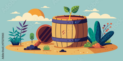 Old wooden barrel used for planting with green sprouts and plants  