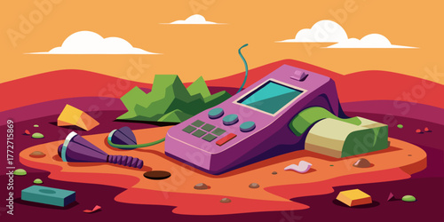 Old phone discarded in colorful landfill with debris and vegetation  