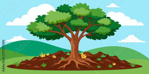 Tree surrounded by organic mulch in a green landscape  