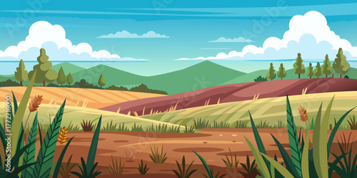 Restored prairie field landscape with hills and blue sky  