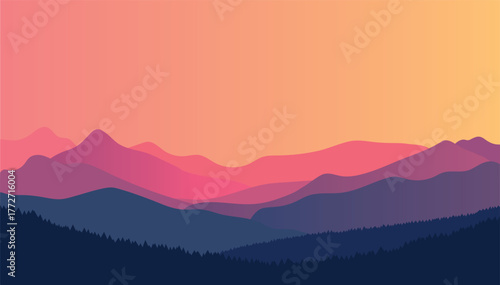 Sunset mountain landscape flat illustration