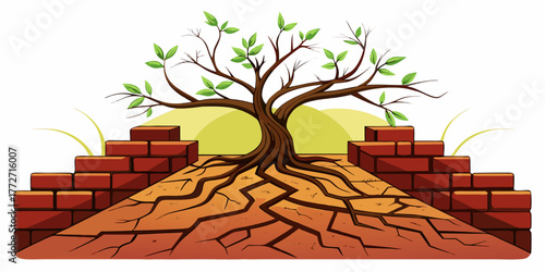 Tree breaking through cracked brick path with sunlight in background  