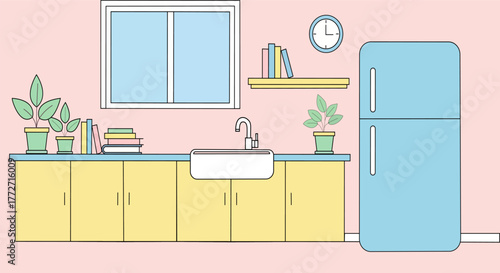 Cozy kitchen interior with pink walls, yellow cabinets, and blue refrigerator