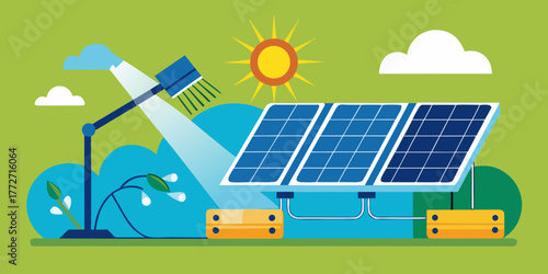 Solar panel system receiving sunlight with lamp and plants on green background  